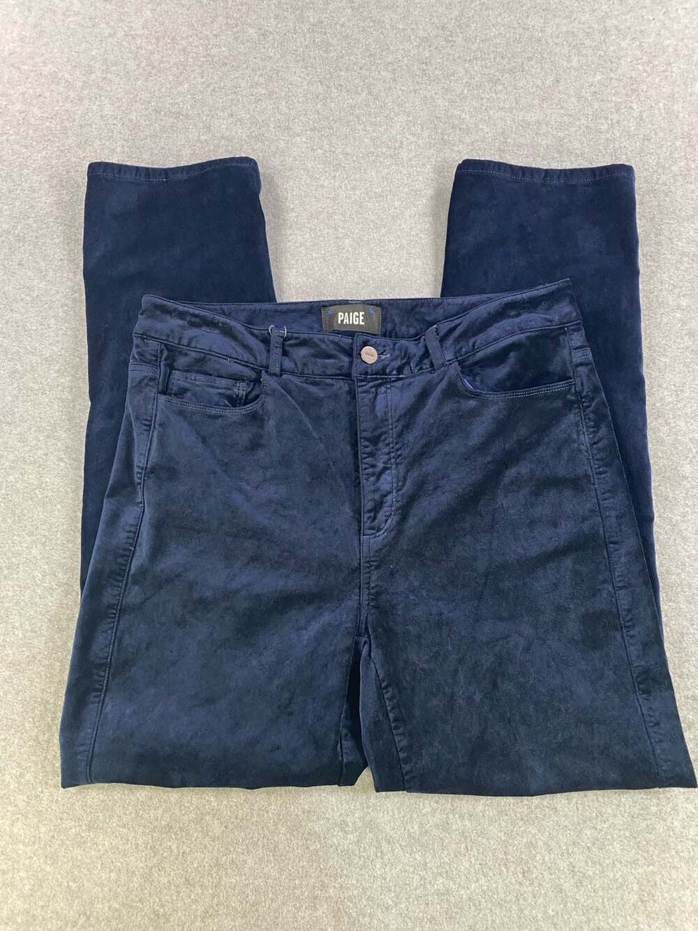 PAIGE Navy Blue Velvet High Rise Ankle Pants with Side Slit